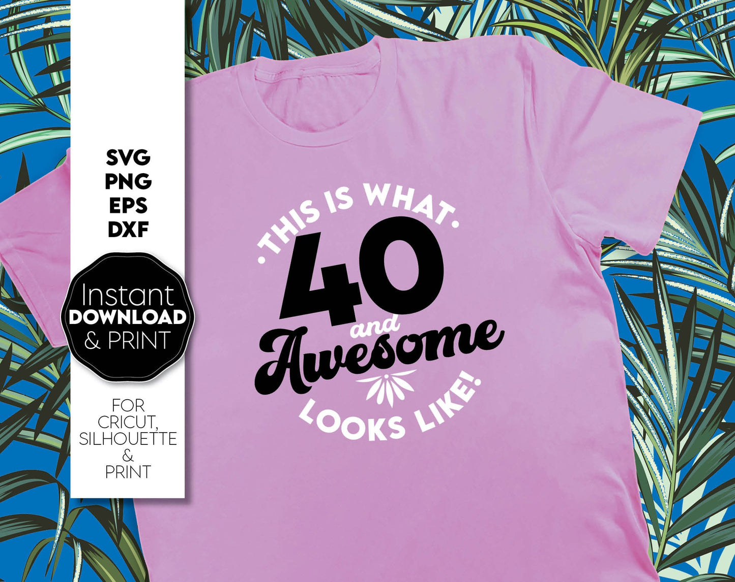 40 and Awesome design for your birthday gift or to make a holiday treat for yourself. Ability to sublimate and use with vinyl cutting machines. Great design at a great price - buy now! Use With Cricut, Silhouette or Glowforge equipment.