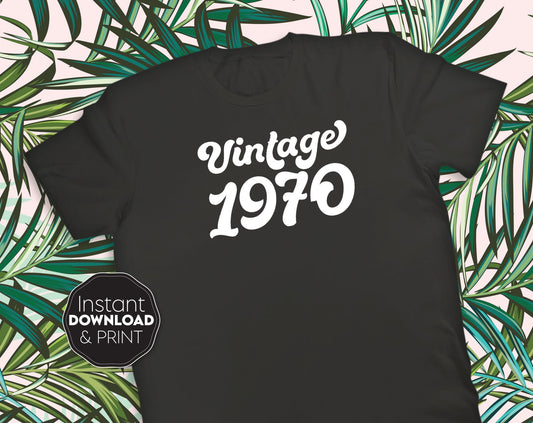 Vintage 1970 shirt design with retro font style. SVG, PNG, DXF, EPS and JPG files included. Compatible with Cricut, Silhouette and Glowforge machines. Usable for sublimation and laser cut projects as well. Buy now and enjoy!