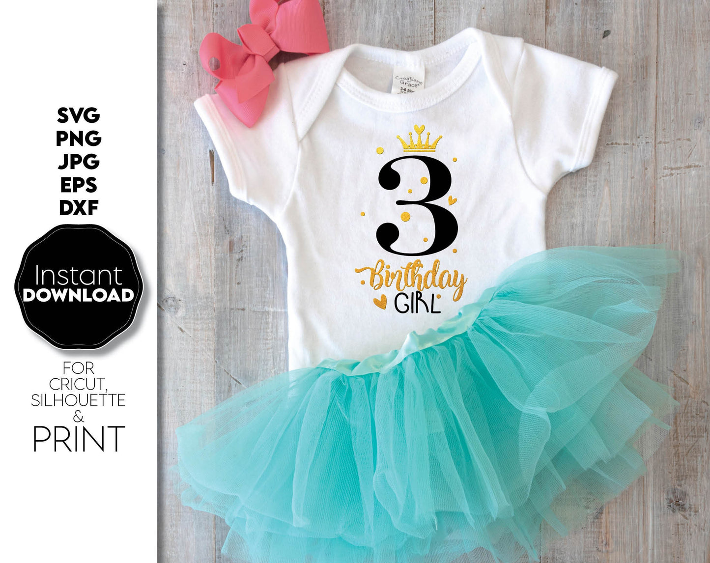 3th Birthday girl design with number 3 and crown on it! SVG, PNG, JPG, EPS and DXF files included. Compatible with Cricut, Silhouette and others machines. Use for sublimation or laser cut projects as well. Buy now for a good - discount price. Enjoy!