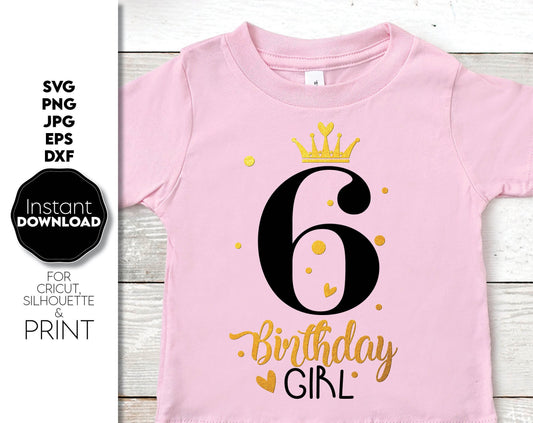 6th birthday girl design for Your loved ones birthday princess gift ideas. SVG, PNG, JPG, EPS and DXF files included. Cut form vinyl, use for sublimation or laser cut projects. Compatible with Cricut, Silhouette or other equipment. Buy now and enjoy!