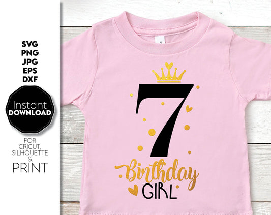 Birthday design for your child 7th birthday. You can use this design for a birthday outfit for a little princess for the holidays. The crown on the seven looks royal. Make your birthday girl happy. Buy now at a good price. Buy now for a good price!