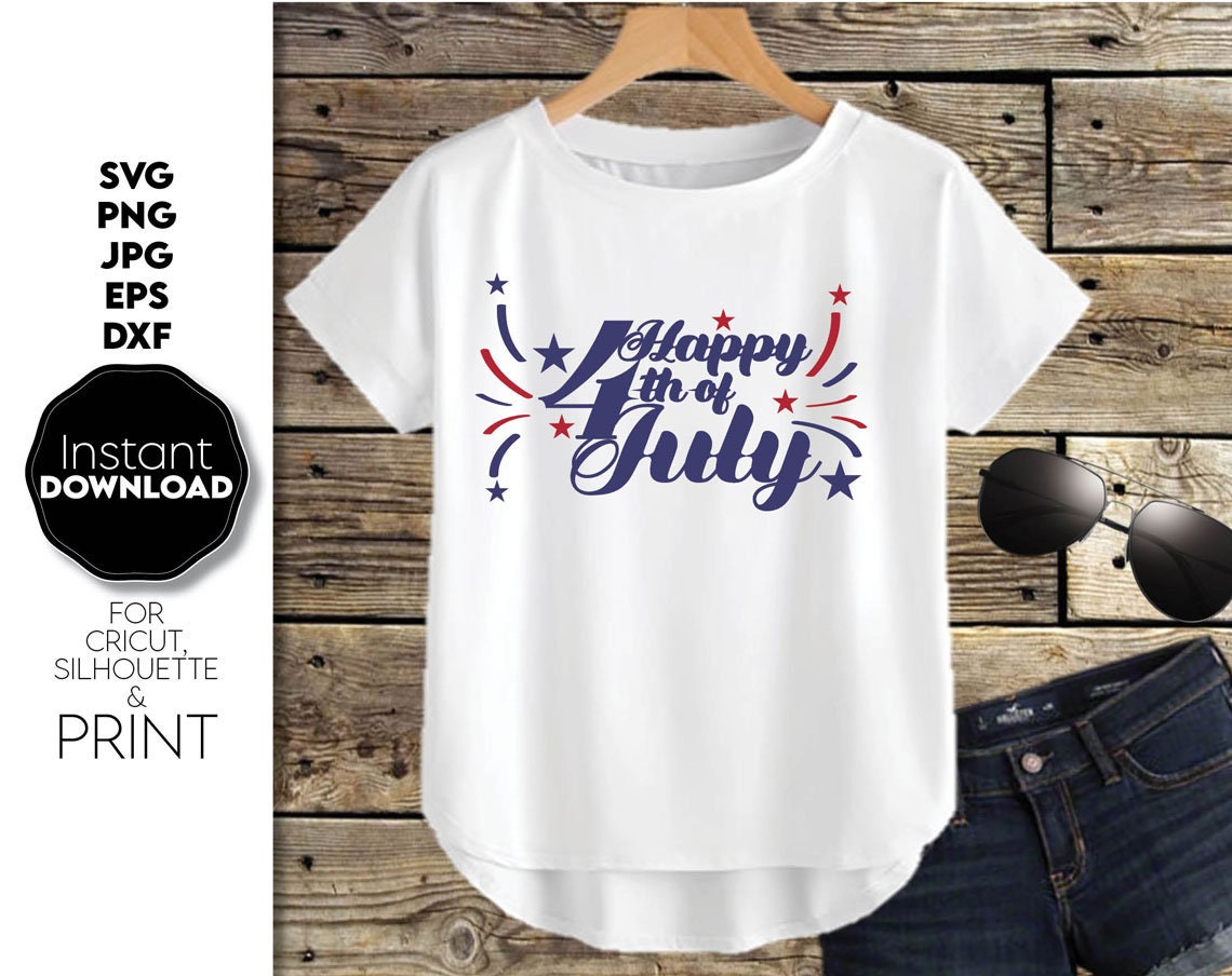 Happy 4th july patriotic american shirt design. SVG, PNG, JPG, EPS and DXF files included. Compatible with Cricut, Silhouette and others machines. Use for sublimation or laser cut projects as well. Buy now for a good - discount price. Enjoy!