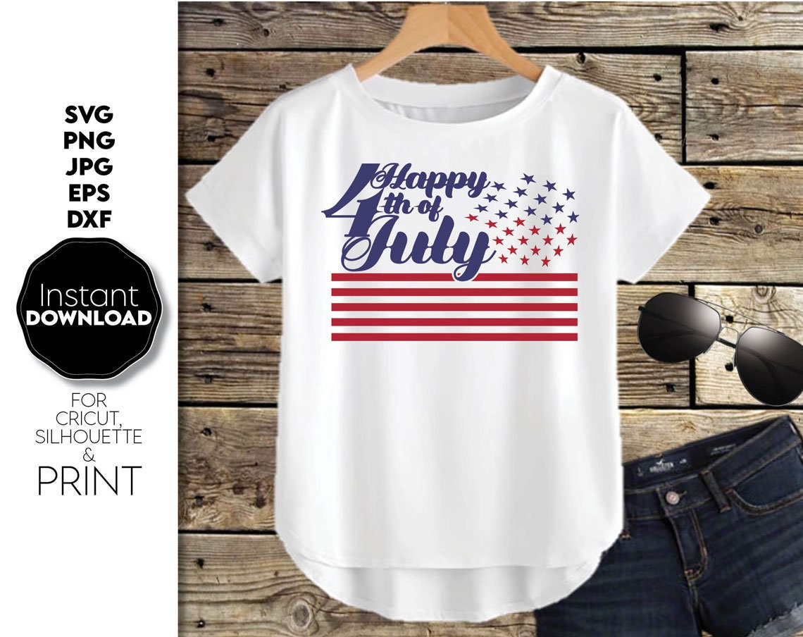 Happy 4th of July proud and patriotic american shirt design. SVG, PNG, JPG, EPS and DXF files included. Compatible with Cricut, Silhouette and others machines. Use for sublimation or laser cut projects as well. Buy now for a good - discount price.