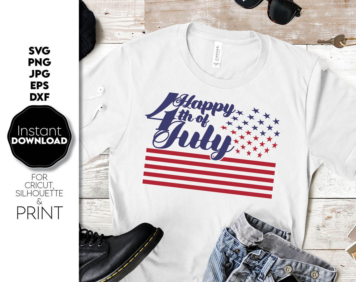 Happy 4th of July proud and patriotic american shirt design. SVG, PNG, JPG, EPS and DXF files included. Compatible with Cricut, Silhouette and others machines. Use for sublimation or laser cut projects as well. Buy now for a good - discount price.