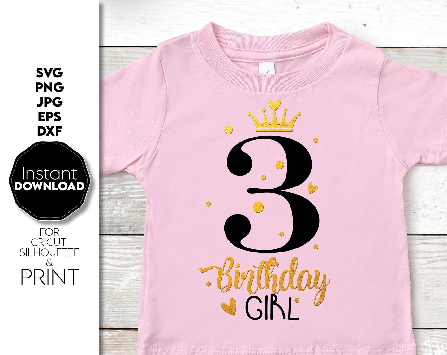 3th Birthday girl design with number 3 and crown on it! SVG, PNG, JPG, EPS and DXF files included. Compatible with Cricut, Silhouette and others machines. Use for sublimation or laser cut projects as well. Buy now for a good - discount price. Enjoy!