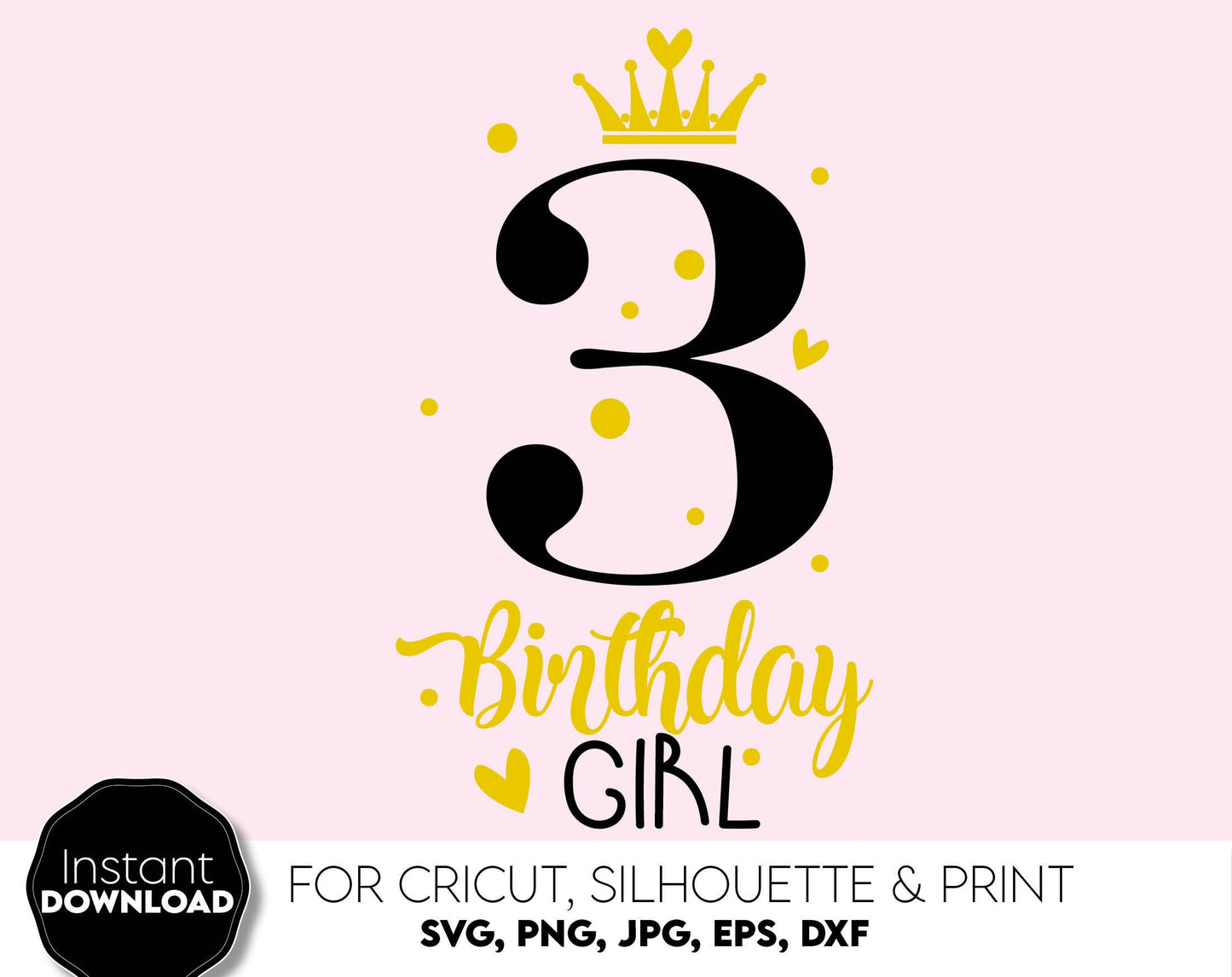 3th Birthday girl design with number 3 and crown on it! SVG, PNG, JPG, EPS and DXF files included. Compatible with Cricut, Silhouette and others machines. Use for sublimation or laser cut projects as well. Buy now for a good - discount price. Enjoy!