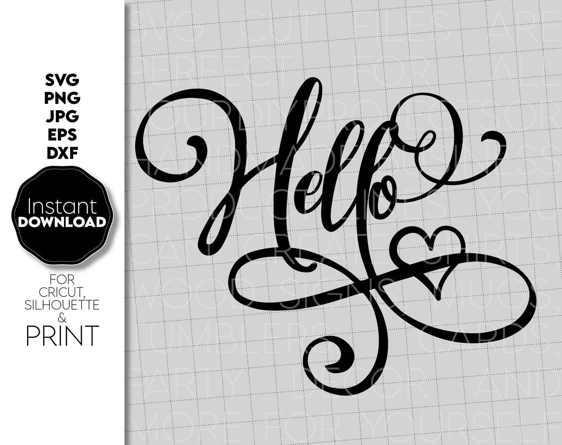 A simple hand-drawn Hello that you can use in your various projects. Compatible with Cricut, Silhouette and other machines. Adapted for laser cutting from wood. SVG, PNG, DXF and EPS included. Buy now and enjoy!