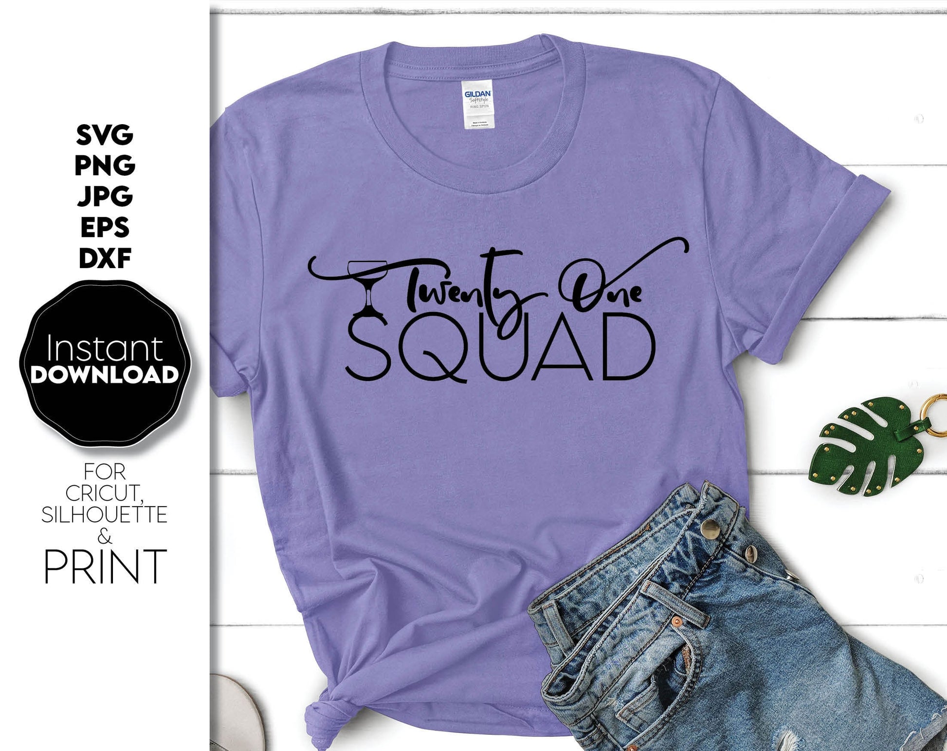 Twenty One Squad shirt, with funny font and glasses silhouette on it. Very popular now. Cut from vinyl or use for sublimation on shirt. Ideal design for 21st Birthday party. SVG, PNG, JPG, DXF, EPS files included. Compatible with Cricut, Silhouette.