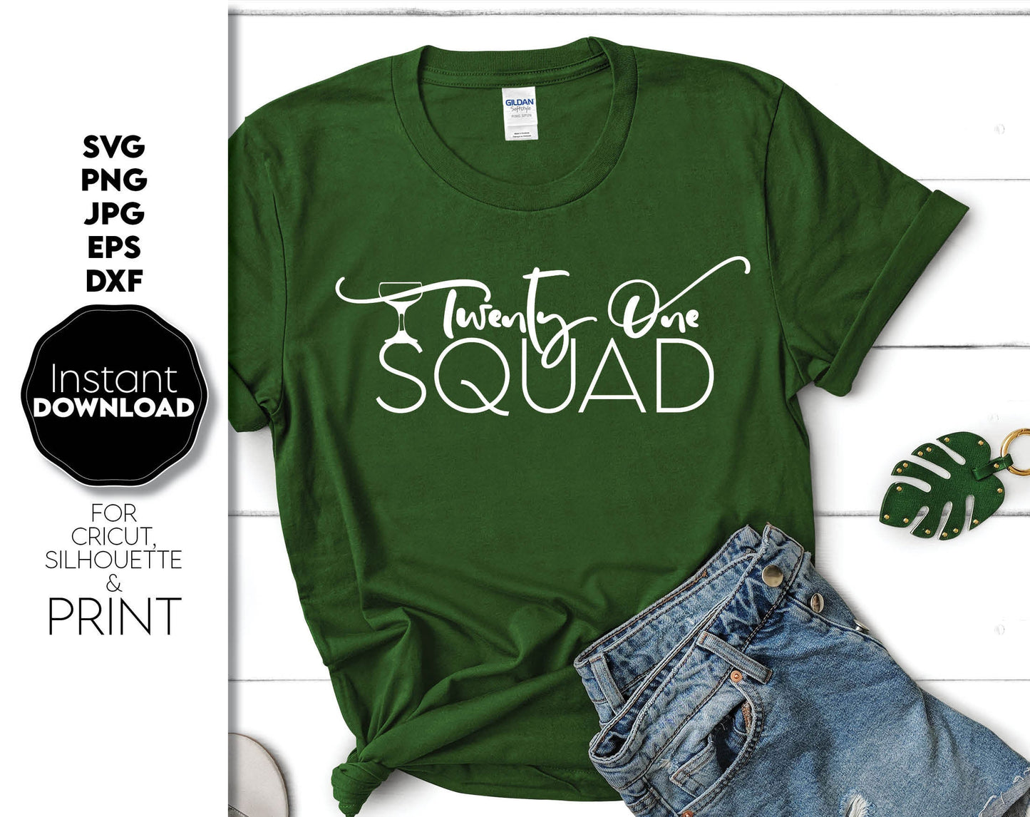 Twenty One Squad shirt, with funny font and glasses silhouette on it. Very popular now. Cut from vinyl or use for sublimation on shirt. Ideal design for 21st Birthday party. SVG, PNG, JPG, DXF, EPS files included. Compatible with Cricut, Silhouette.