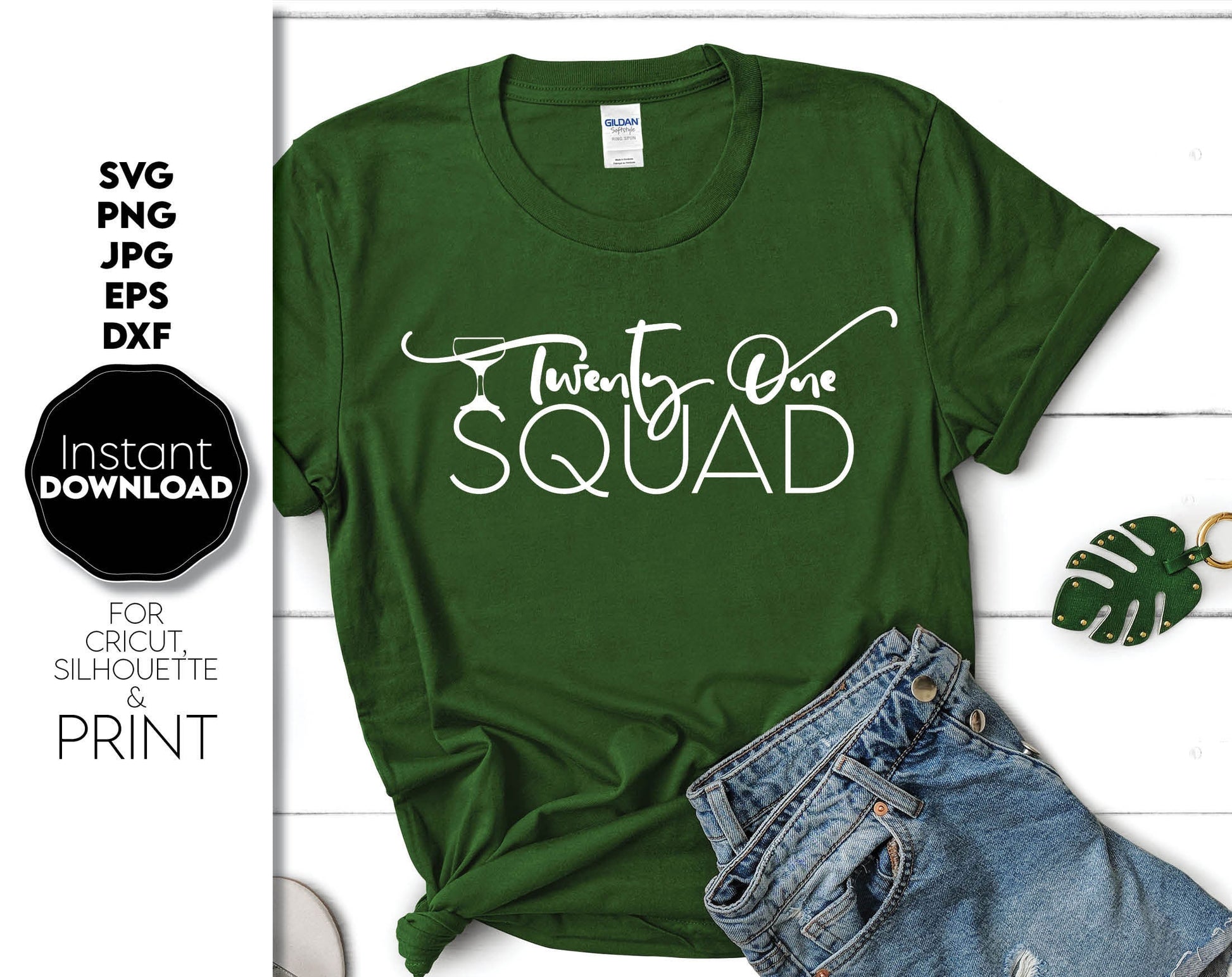 Twenty One Squad shirt, with funny font and glasses silhouette on it. Very popular now. Cut from vinyl or use for sublimation on shirt. Ideal design for 21st Birthday party. SVG, PNG, JPG, DXF, EPS files included. Compatible with Cricut, Silhouette.