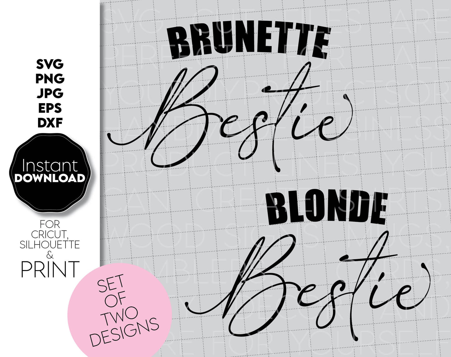 Besties shirts for 2. Matching shirts designs. One for Brunette, one for Blonde. Files are compatible with Cricut, Silhouette and Glowforge machines. SVG, PNG, JPG, EPS and DXF files included. Buy now for a great price. Cut from vinyl, or sublimation