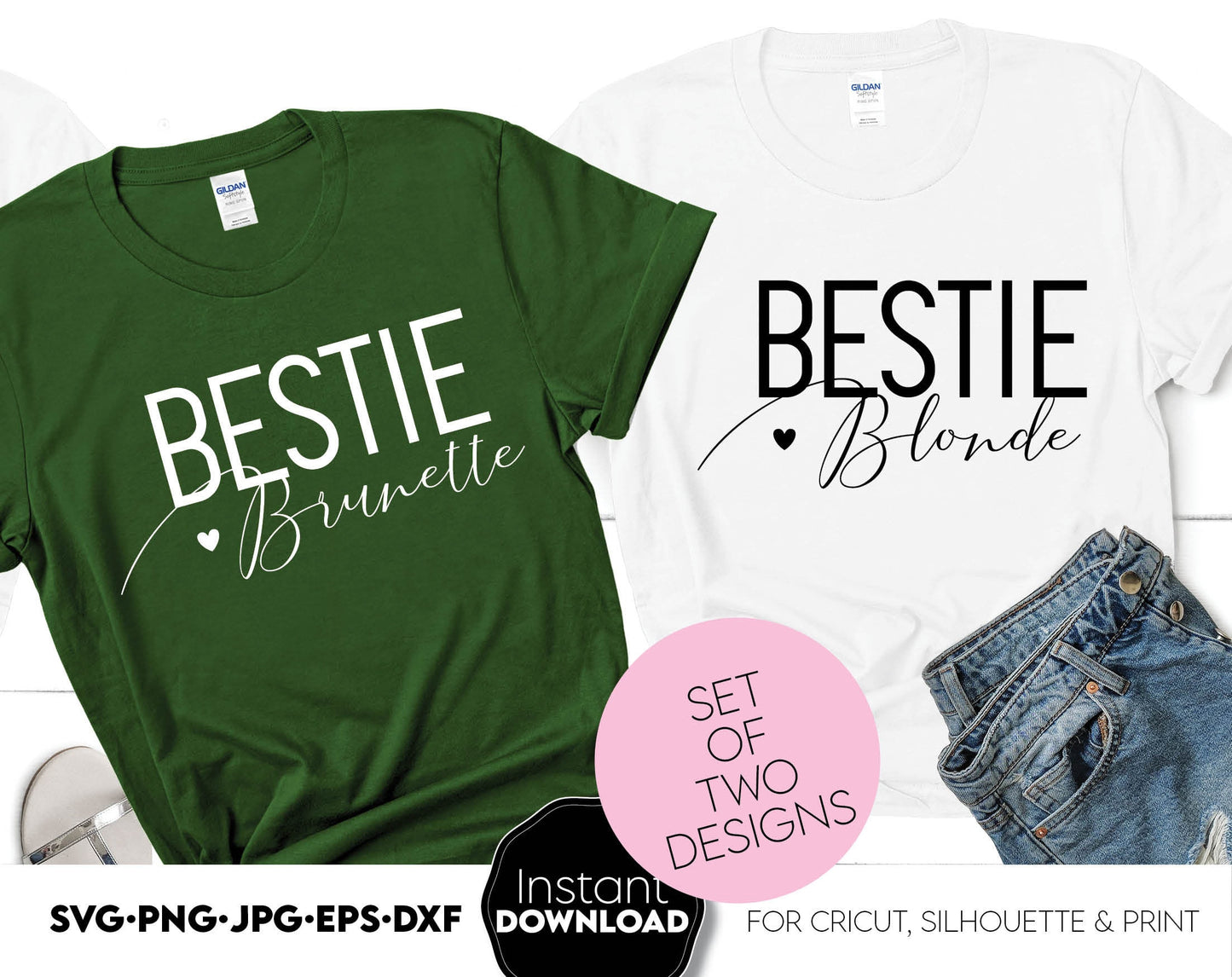 Set Of Two Besties matching shirts designs. One for Brunette, one for Blonde. Files are compatible with Cricut, Silhouette and Glowforge machines. SVG, PNG, JPG, EPS and DXF files included. Buy now for a great price. Cut from vinyl, sublimation.