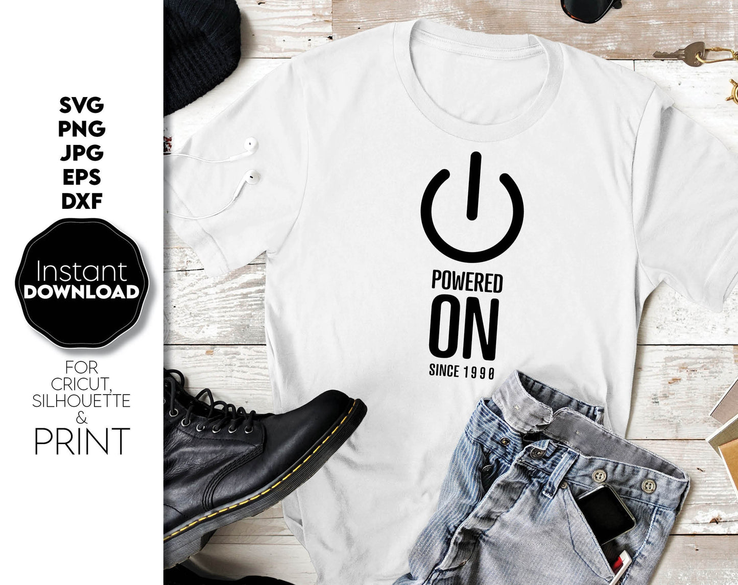 Funny - Powered On - Birthday Shirt Design for Your Gift Ideas. SVG, PNG, JPG, EPS and DXF files included. Compatible with Cricut, Silhouette and others machines. Use for sublimation or laser cut projects as well. Buy now for a good - discount price.