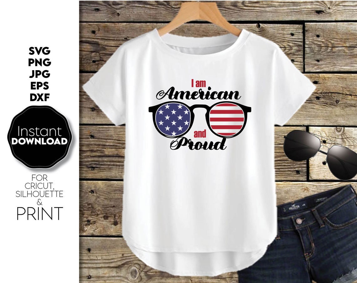 I am American and Proud design with usa flag and aviator glasses on it. SVG, PNG, JPG, EPS and DXF files included. Compatible with Cricut, Silhouette and others machines. Use for sublimation or laser cut projects as well. Buy now and Enjoy!