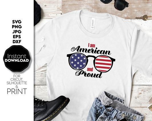 I am American and Proud design with usa flag and aviator glasses on it. SVG, PNG, JPG, EPS and DXF files included. Compatible with Cricut, Silhouette and others machines. Use for sublimation or laser cut projects as well. Buy now and Enjoy!