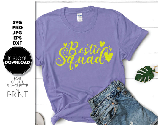 Bestie squad design for Your girls party shirts. SVG, PNG, JPG, EPS and DXF files included. Compatible with Cricut, Silhouette and others machines. Use for sublimation or laser cut projects as well. Buy now for a good - discount price. Enjoy!