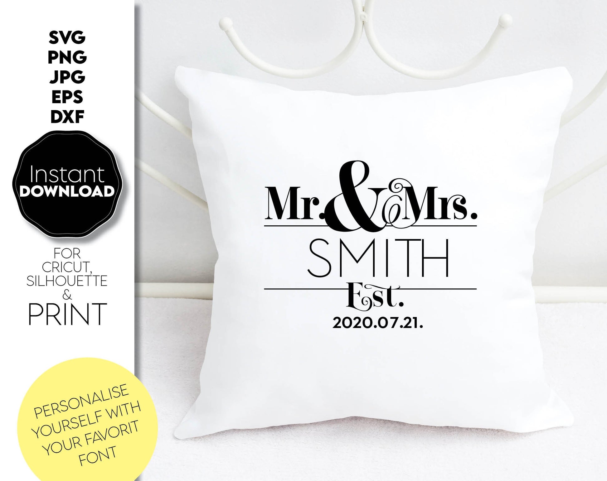 These mr and mrs file designyou can use them to surprise and delight your loved ones in an important event in life. Mr and Mrs svg are great and thoughtful gifts for weddings, wedding anniversaries, etc. Compatible with Cricut, Silhouette machines.