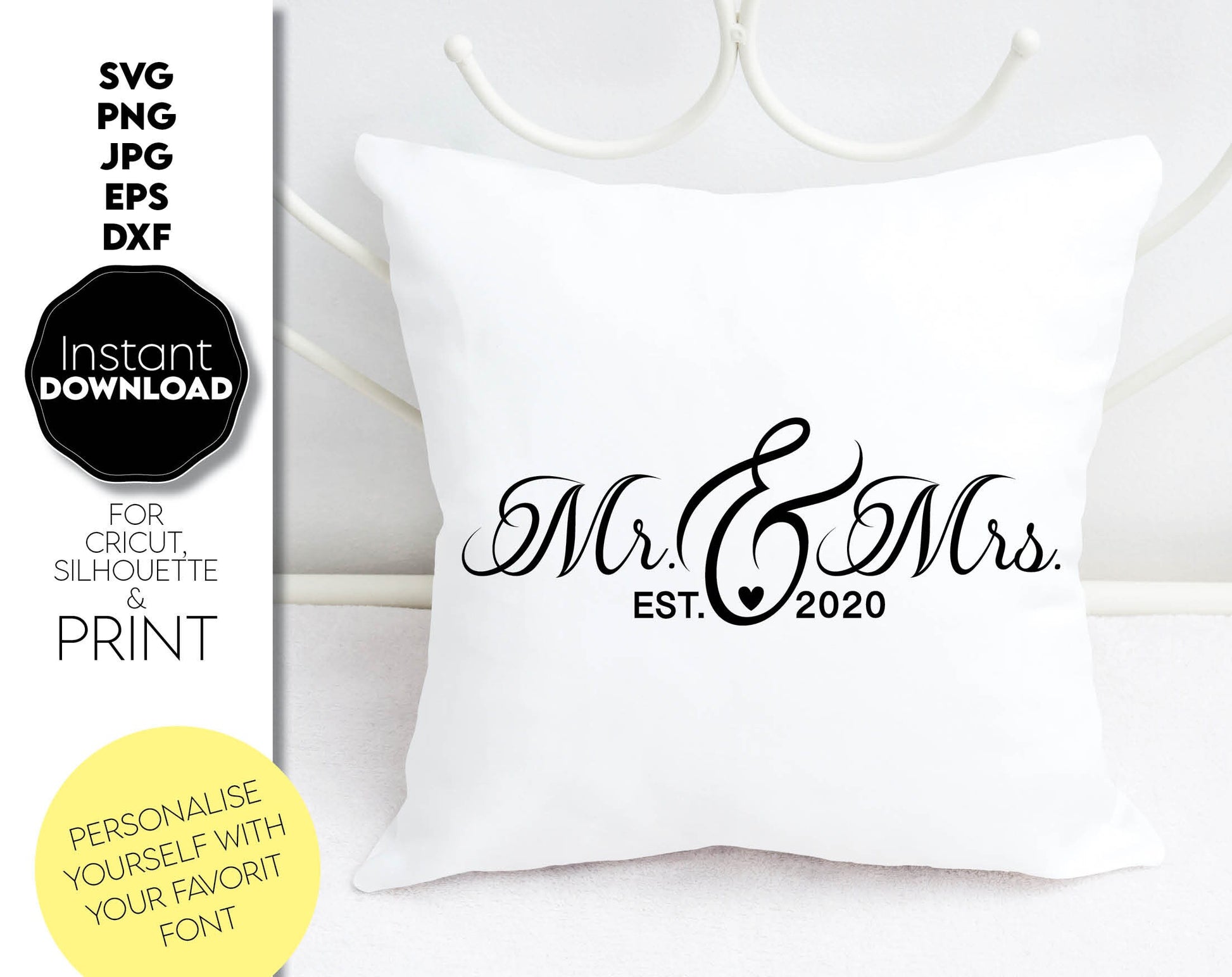 Mr. and Mrs. est. family sign design is great for wedding or wedding anniversary gifts. Use it to make personal and memorable gifts for your loved ones on special occasions. Use with vinyl or with laser cutting technology. Buy now and enjoy!