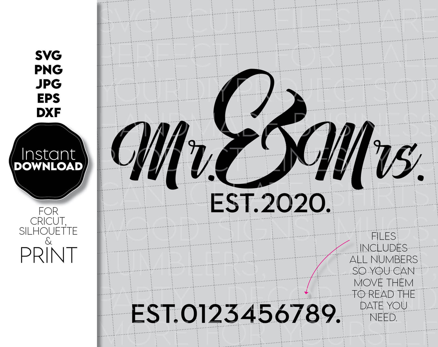 Custom Mr and Mrs wedding, home decor or gift ideas design. SVG PNG JPG EPS DXF files included. Compatible with Cricut, Silhouette or other equipment. Cut from vinyl, use for sublimation or laser cut or grave projects. Buy now for a good price, fun!