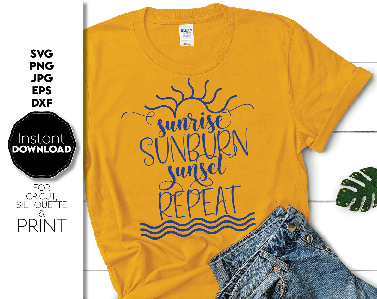 Sunrise Sunburn Sunset Repeat design for Your Summer vacation shirts. SVG, PNG, JPG, EPS and DXF files included. Use for cutting from vinyl, sublimation or laser cut projects. Compatible with Cricut, Silhouette and other equipment. Buy now and enjoy!