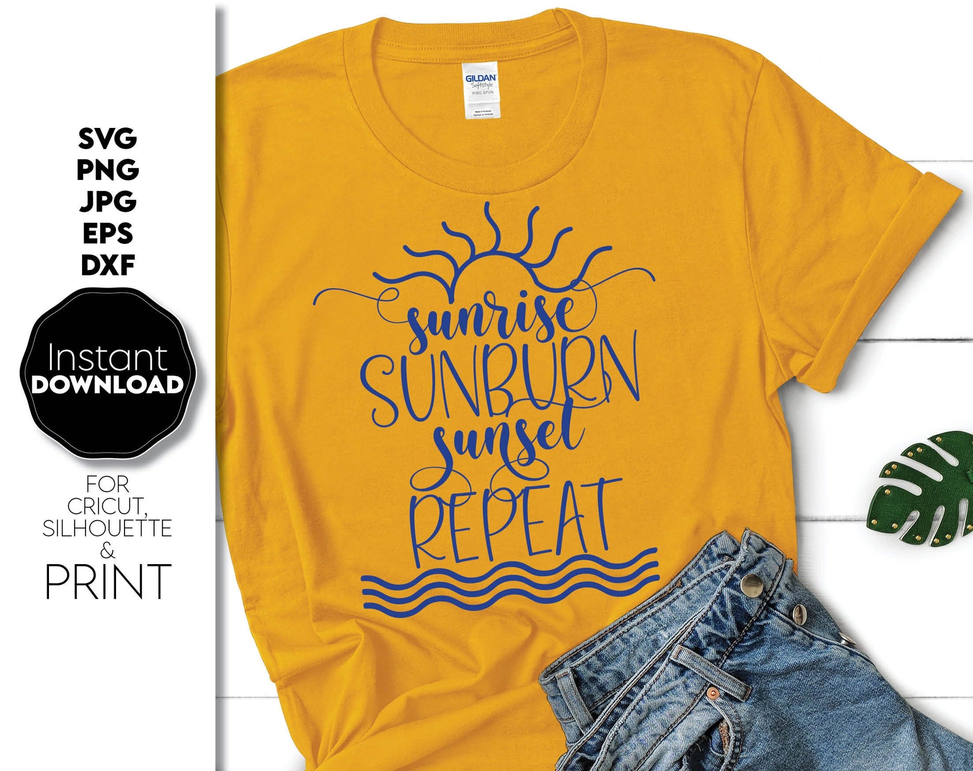 Sunrise Sunburn Sunset Repeat design for Your Summer vacation shirts. SVG, PNG, JPG, EPS and DXF files included. Use for cutting from vinyl, sublimation or laser cut projects. Compatible with Cricut, Silhouette and other equipment. Buy now and enjoy!