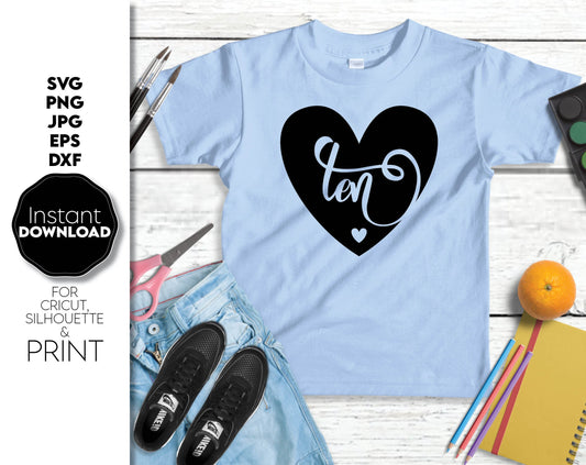 10th birthday shirt design for your loved ones kids. SVG, PNG, JPG, EPS, DXF files included. Cut from vinyl, use for sublimation or laser cut / grave projects. Compatible with Cricut, Silhouette or other equipment. Buy now for a good price and enjoy