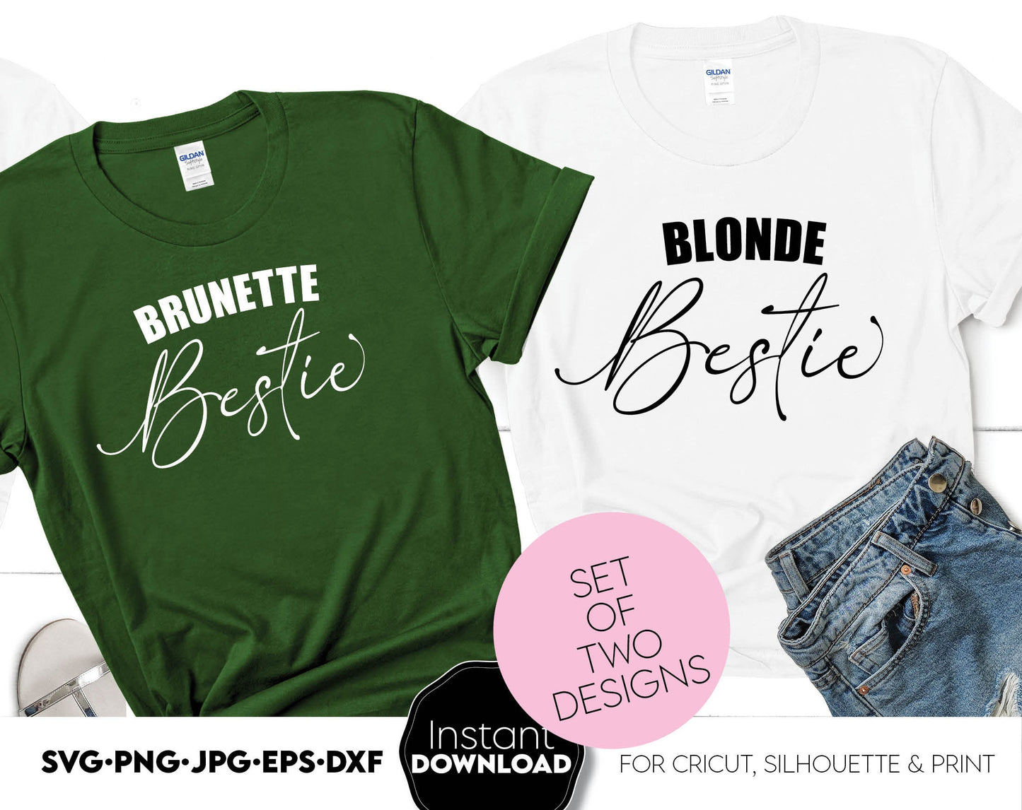 Besties shirts for 2. Matching shirts designs. One for Brunette, one for Blonde. Files are compatible with Cricut, Silhouette and Glowforge machines. SVG, PNG, JPG, EPS and DXF files included. Buy now for a great price. Cut from vinyl, or sublimation