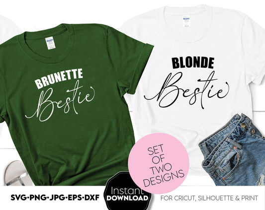 Besties shirts for 2. Matching shirts designs. One for Brunette, one for Blonde. Files are compatible with Cricut, Silhouette and Glowforge machines. SVG, PNG, JPG, EPS and DXF files included. Buy now for a great price. Cut from vinyl, or sublimation