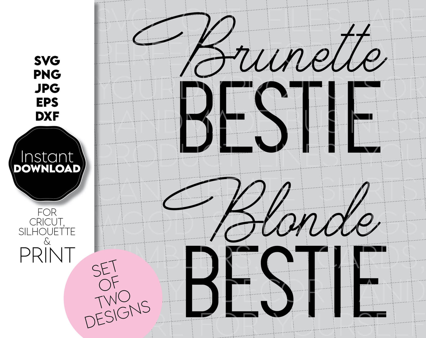 Best friend shirt designs. Brunette and Blonde Bestie. Cut from vinyl, use for sublimation or use as laser cut files. SVG, PNG, JPG, EPS and DXF files included. Compatible with Cricut and Silhouette machines. Buy now for a good price and enjoy!