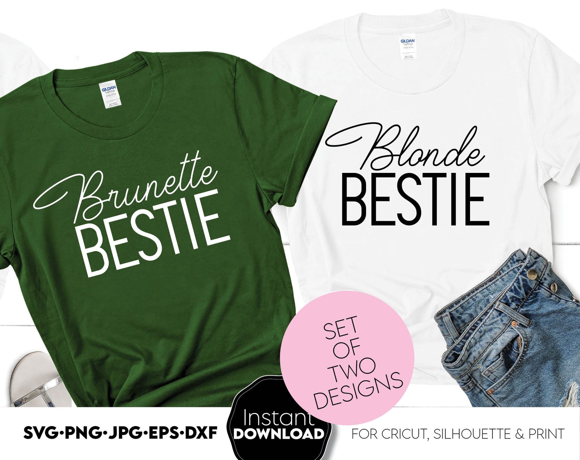 Best friend shirt designs. Brunette and Blonde Bestie. Cut from vinyl, use for sublimation or use as laser cut files. SVG, PNG, JPG, EPS and DXF files included. Compatible with Cricut and Silhouette machines. Buy now for a good price and enjoy!