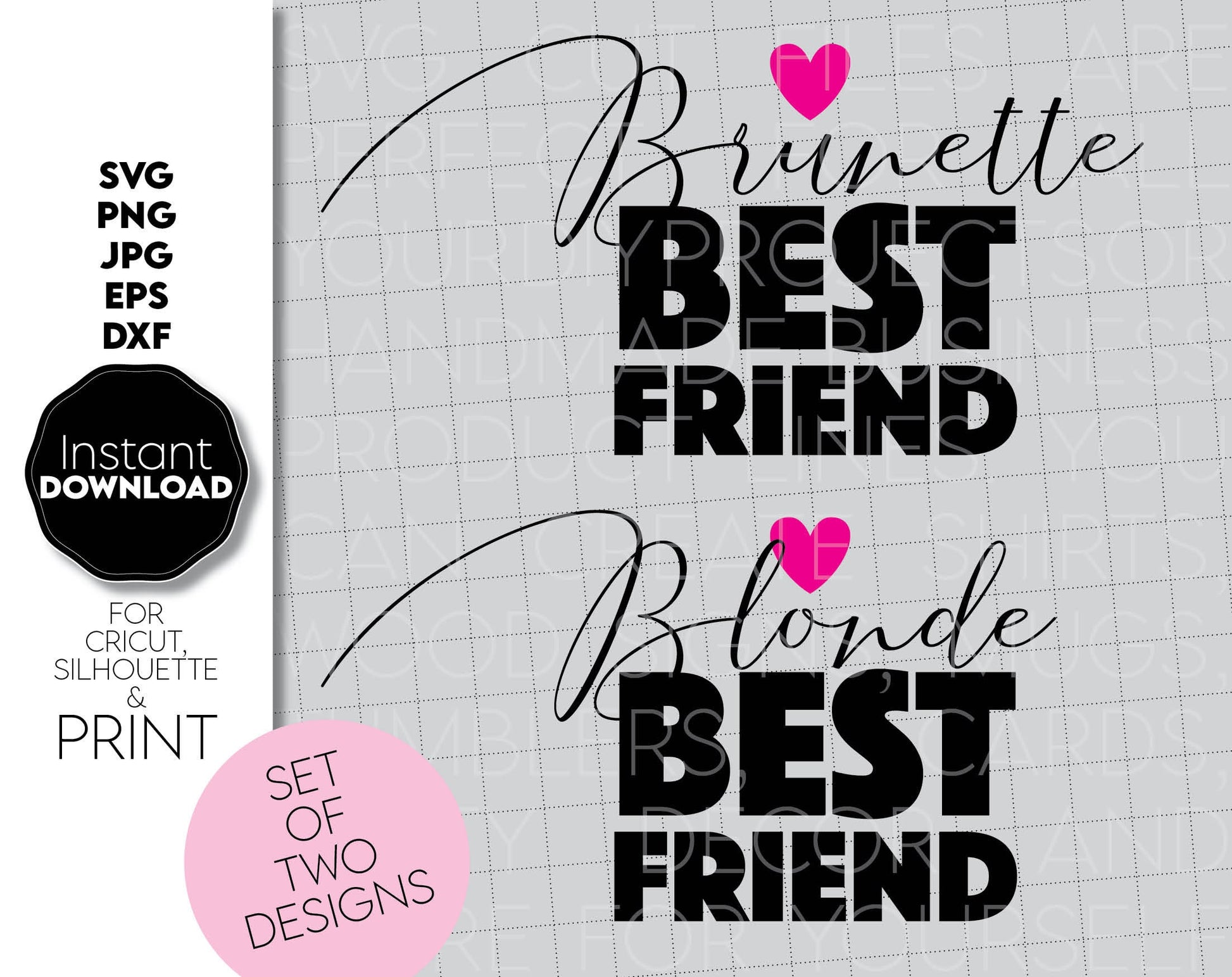 Besties shirts for 2 matching shirts designs. One for Brunette, one for Blonde. Files are compatible with Cricut, Silhouette and Glowforge machines. Buy now for a great price. SVG, PNG, JPG, EPS and DXF files included. Cut from vinyl, or sublimation.