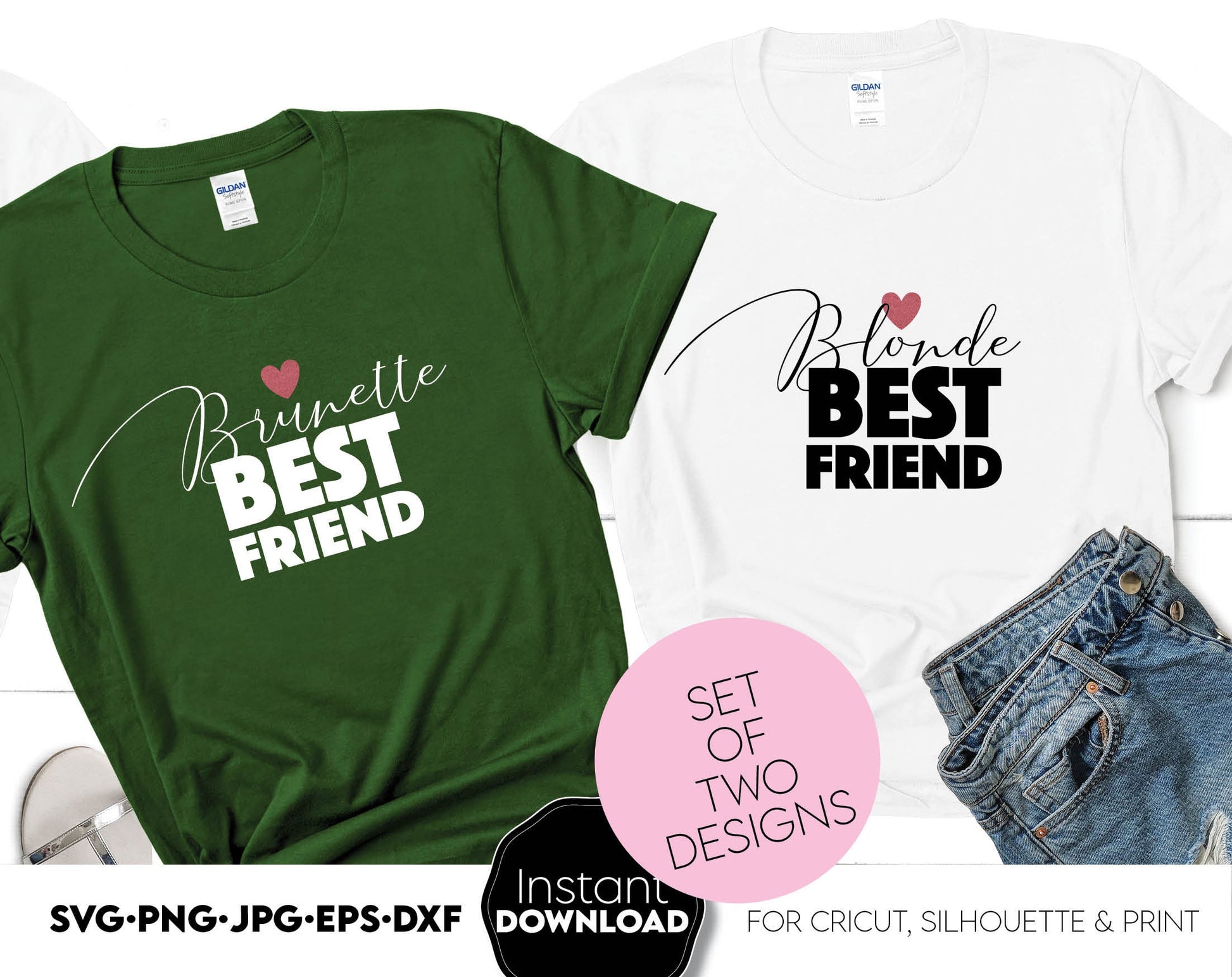 Besties shirts for 2 matching shirts designs. One for Brunette, one for Blonde. Files are compatible with Cricut, Silhouette and Glowforge machines. Buy now for a great price. SVG, PNG, JPG, EPS and DXF files included. Cut from vinyl, or sublimation.