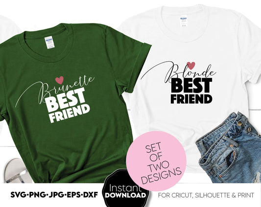 Besties shirts for 2 matching shirts designs. One for Brunette, one for Blonde. Files are compatible with Cricut, Silhouette and Glowforge machines. Buy now for a great price. SVG, PNG, JPG, EPS and DXF files included. Cut from vinyl, or sublimation.