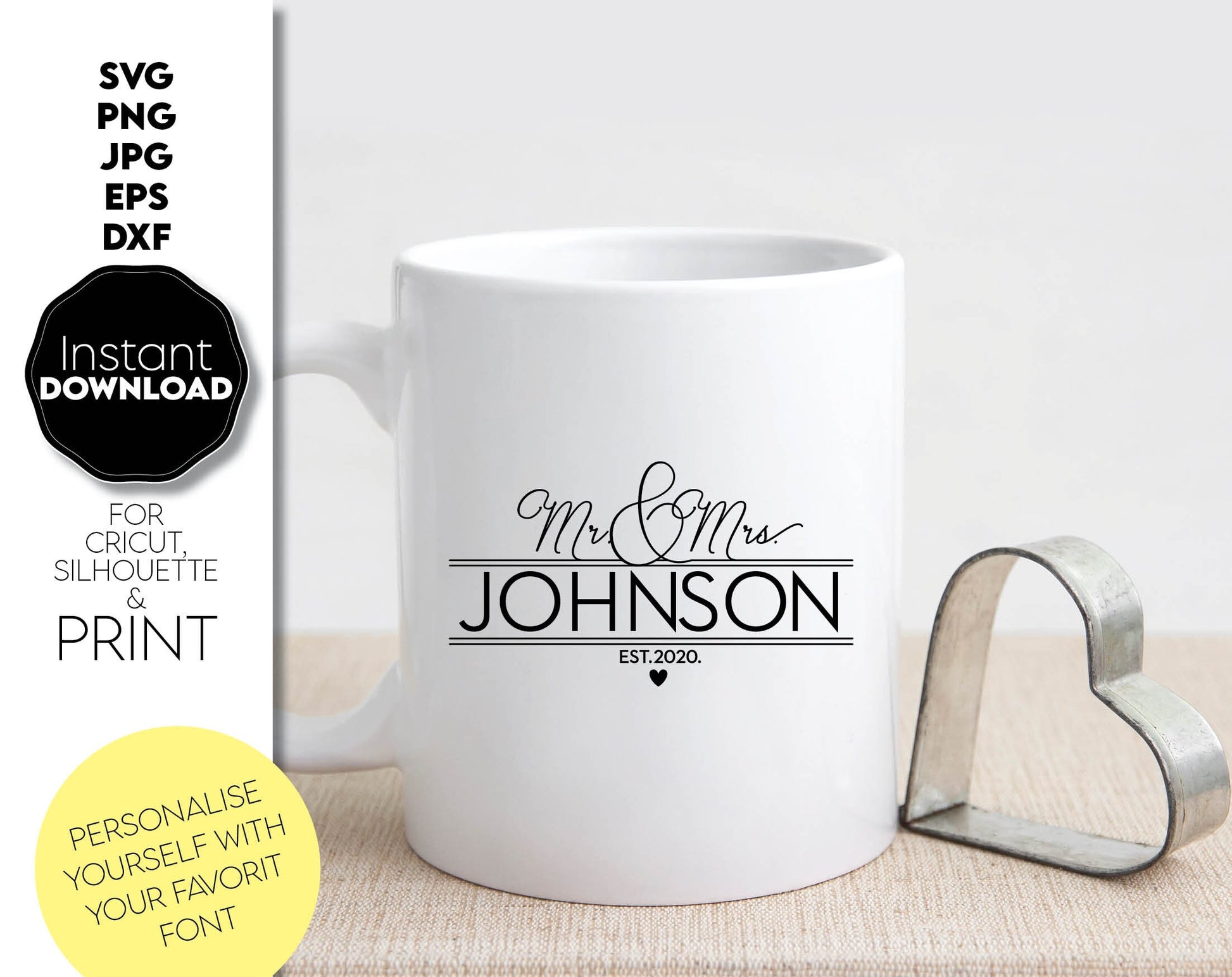 Mr. and Mrs. Family Name Monogram design is great for wedding or wedding anniversary gifts. Use it to make personal and memorable gifts for your loved ones on special occasions. Use with vinyl or with laser cutting technology. Buy now and enjoy!