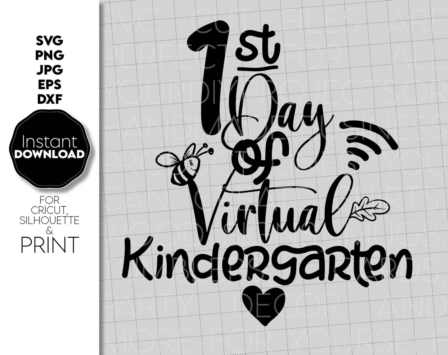 1st day of virtual kindergarten. All popular file formats included. Compatible with cricut, silhouette or other equipment. Use for cutting from vinyl, sublimation or laser cut / grave projects. Buy now for a good price and enjoy!