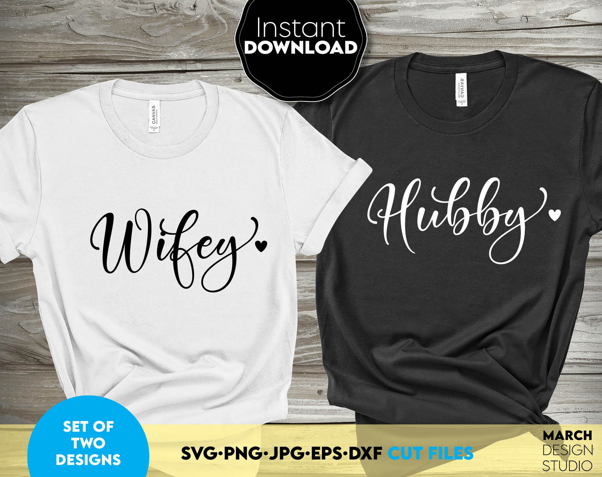 Hubby Wifey design for Your anniversary, wedding or just merried projects. SVG, PNG, EPS, DXF and JPG files included. Compatible with cricut, Silhouette and other machines. Use for sublimation or laser cut projects as well. Buy now and enjoy!