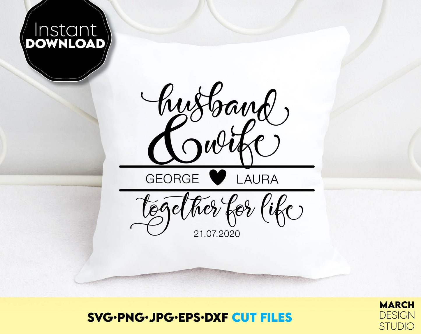 Husband and wife wedding sign svg png dxf and eps files. Together for life saying on it. Use as gift for wedding. Compatible with Cricut, Silhouette or other machines. Cut from vinyl, use for sublimation or laser cut / grave projects. 
Buy now!