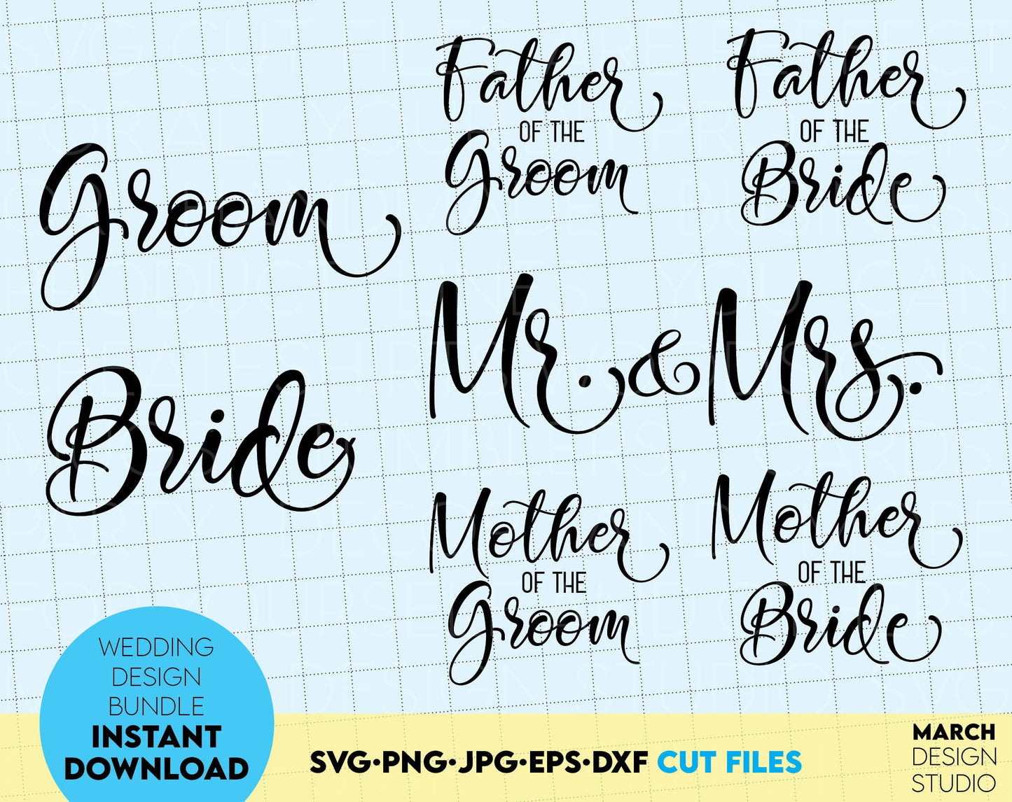 Wedding sayings bundle - mr and mrs, groom, bride etc. SVG, PNG, JPG, EPS and DXF files included. Use for cutting from vinyl, sublimation or laser cut, grave projects. Compatible with Cricut, Silhouette and other machines. Buy now and enjoy!