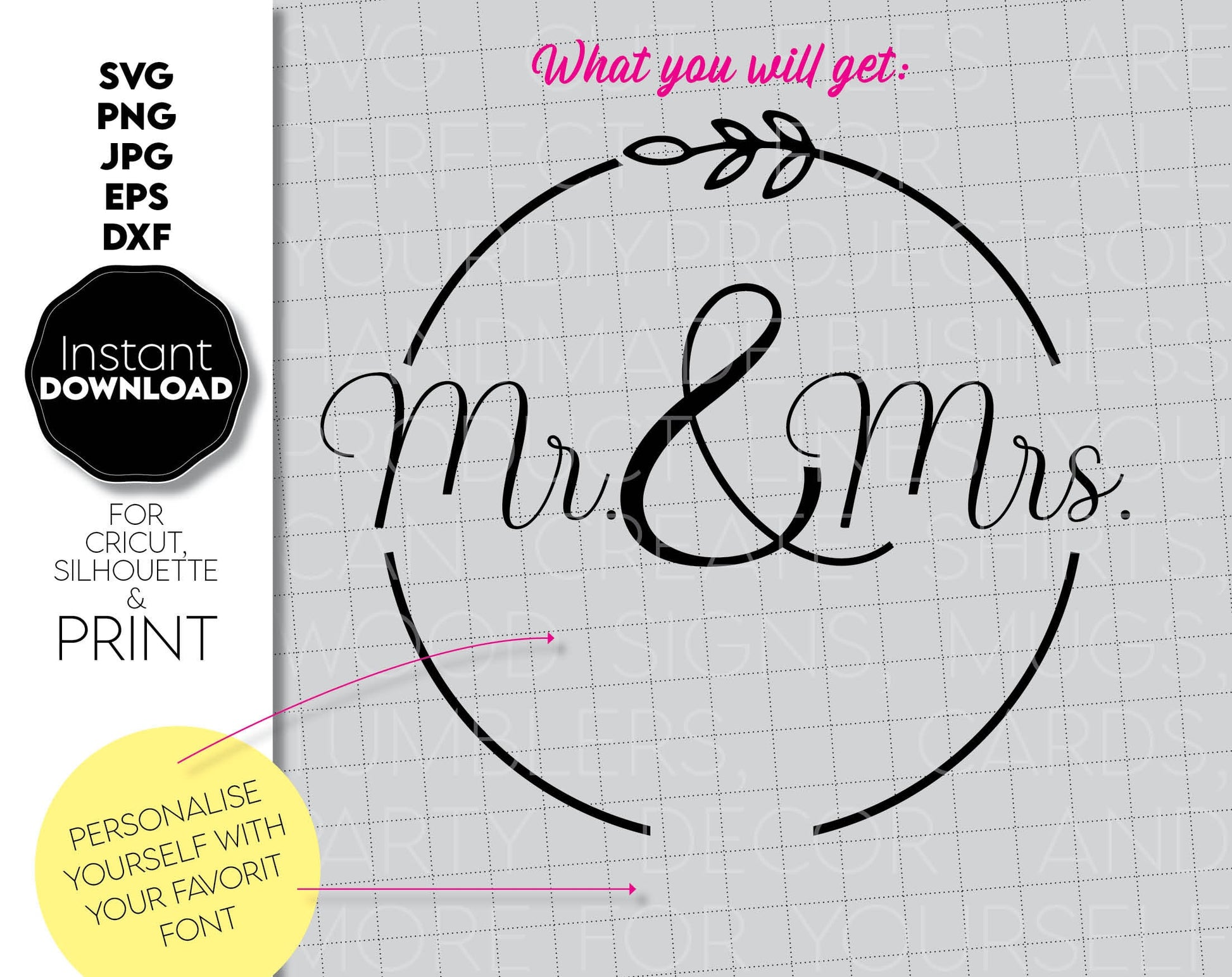 Mr and Mrs circle wedding sign design for Your gift projects for Wedding. Files allow you to use designs for engraving on glass, making shirts, tumblers with Cricut, Silhouette or other machines. Files also designed and easy to use for laser cutting.