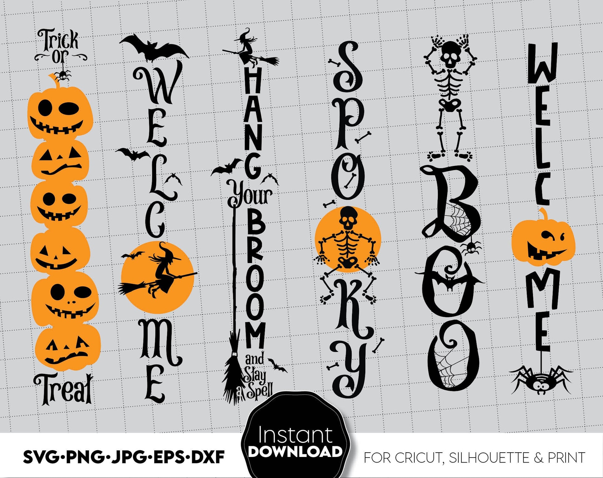 Halloween SVG front porch signs bundle design for your Halloween evening project. The SVG, PNG, DXF, EPS or JPG file format allows this design to be used for shirts, mugs, wall decorations or front porch door decorations.