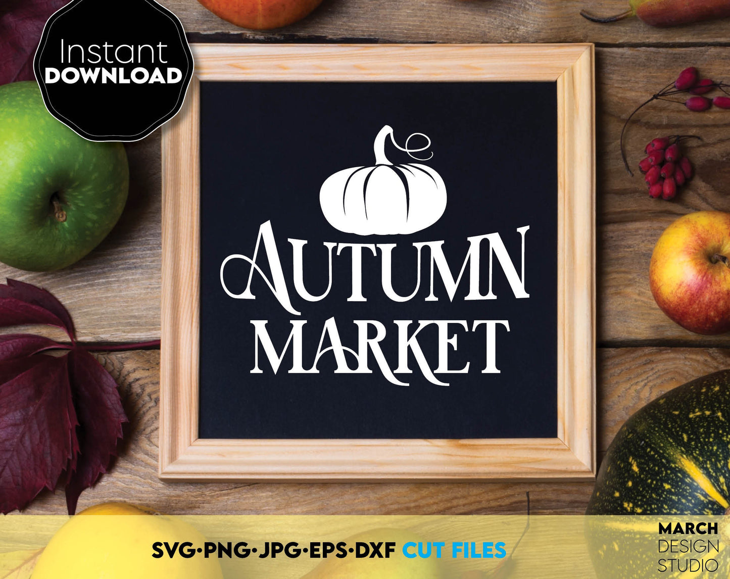 A great design to decorate your Farmhouse. Use it when you organize an autumn harvest market. Use as a country house decor for the kitchen. Autumn leaves and pumpkins brightly illuminate this beautiful time of the year and country markets.