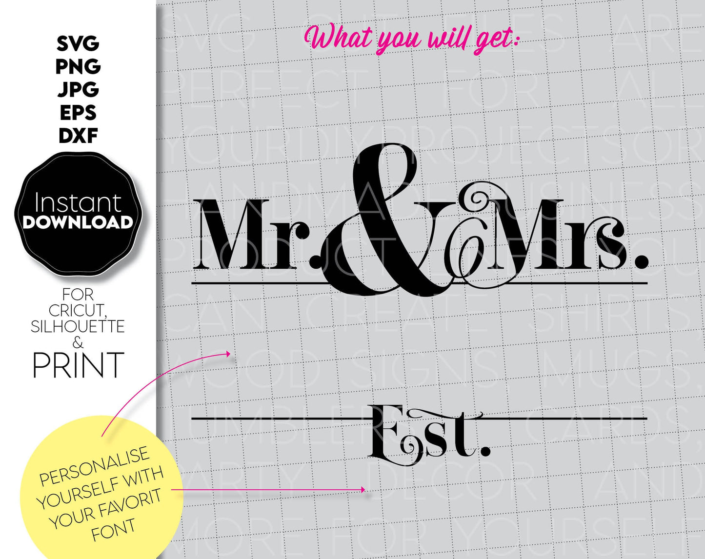 These mr and mrs file designyou can use them to surprise and delight your loved ones in an important event in life. Mr and Mrs svg are great and thoughtful gifts for weddings, wedding anniversaries, etc. Compatible with Cricut, Silhouette machines.