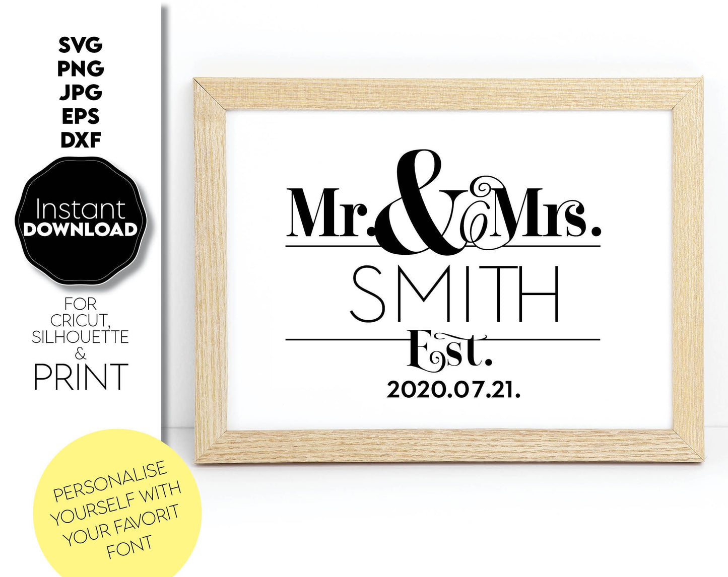 These mr and mrs file designyou can use them to surprise and delight your loved ones in an important event in life. Mr and Mrs svg are great and thoughtful gifts for weddings, wedding anniversaries, etc. Compatible with Cricut, Silhouette machines.