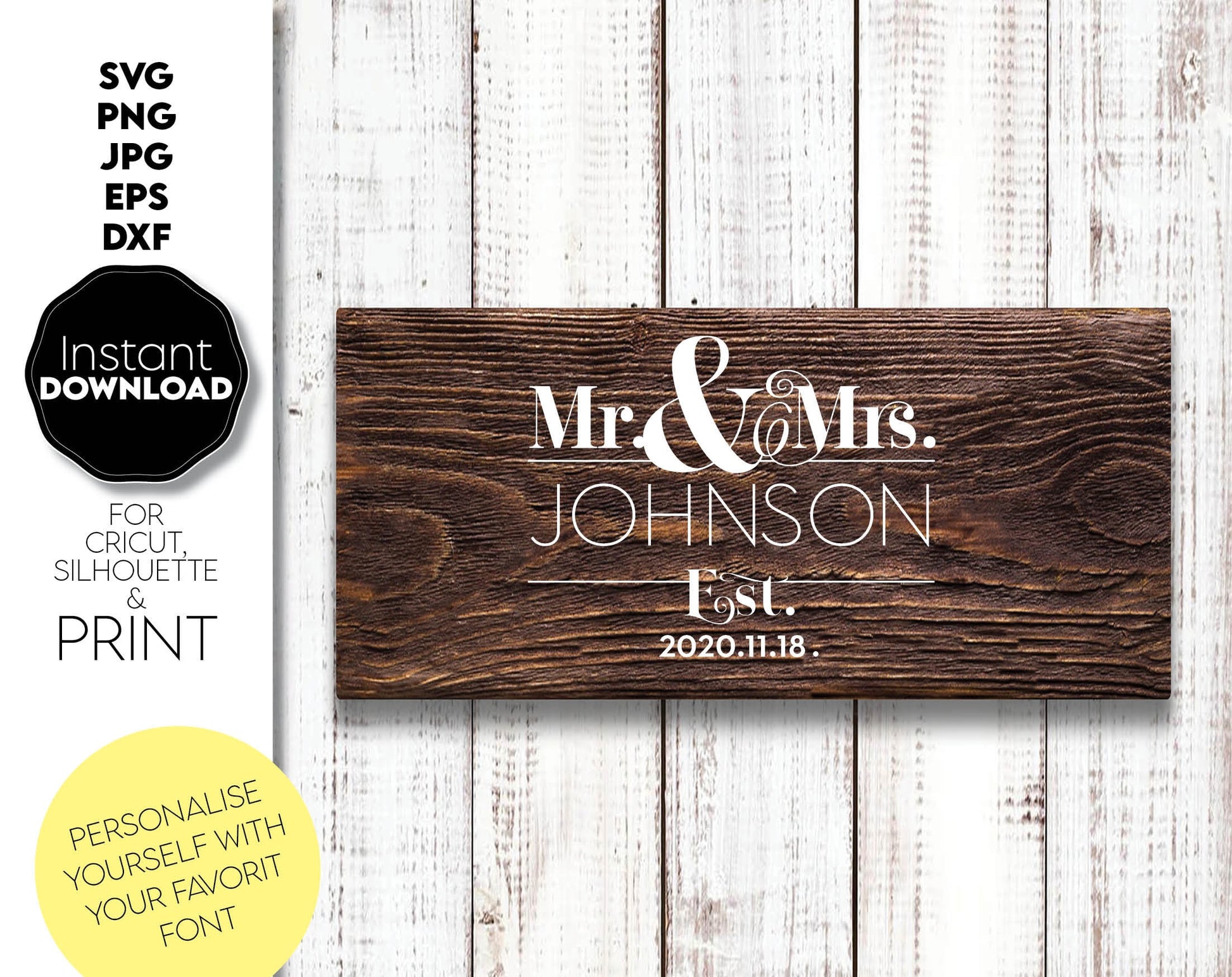 These mr and mrs file designyou can use them to surprise and delight your loved ones in an important event in life. Mr and Mrs svg are great and thoughtful gifts for weddings, wedding anniversaries, etc. Compatible with Cricut, Silhouette machines.