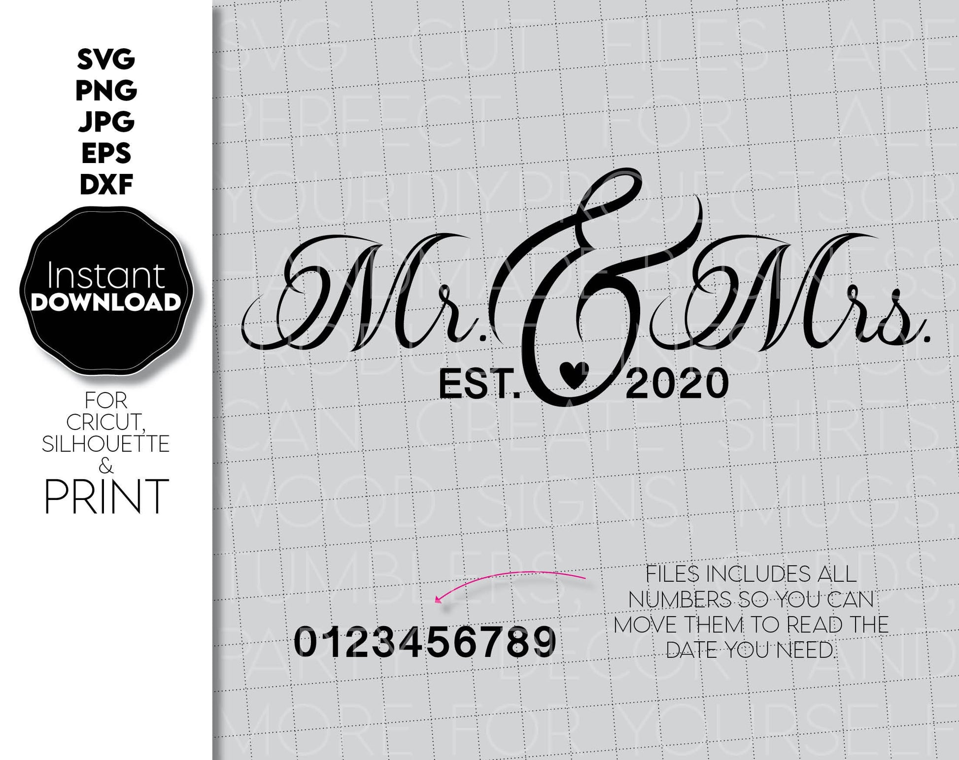 Mr. and Mrs. est. family sign design is great for wedding or wedding anniversary gifts. Use it to make personal and memorable gifts for your loved ones on special occasions. Use with vinyl or with laser cutting technology. Buy now and enjoy!