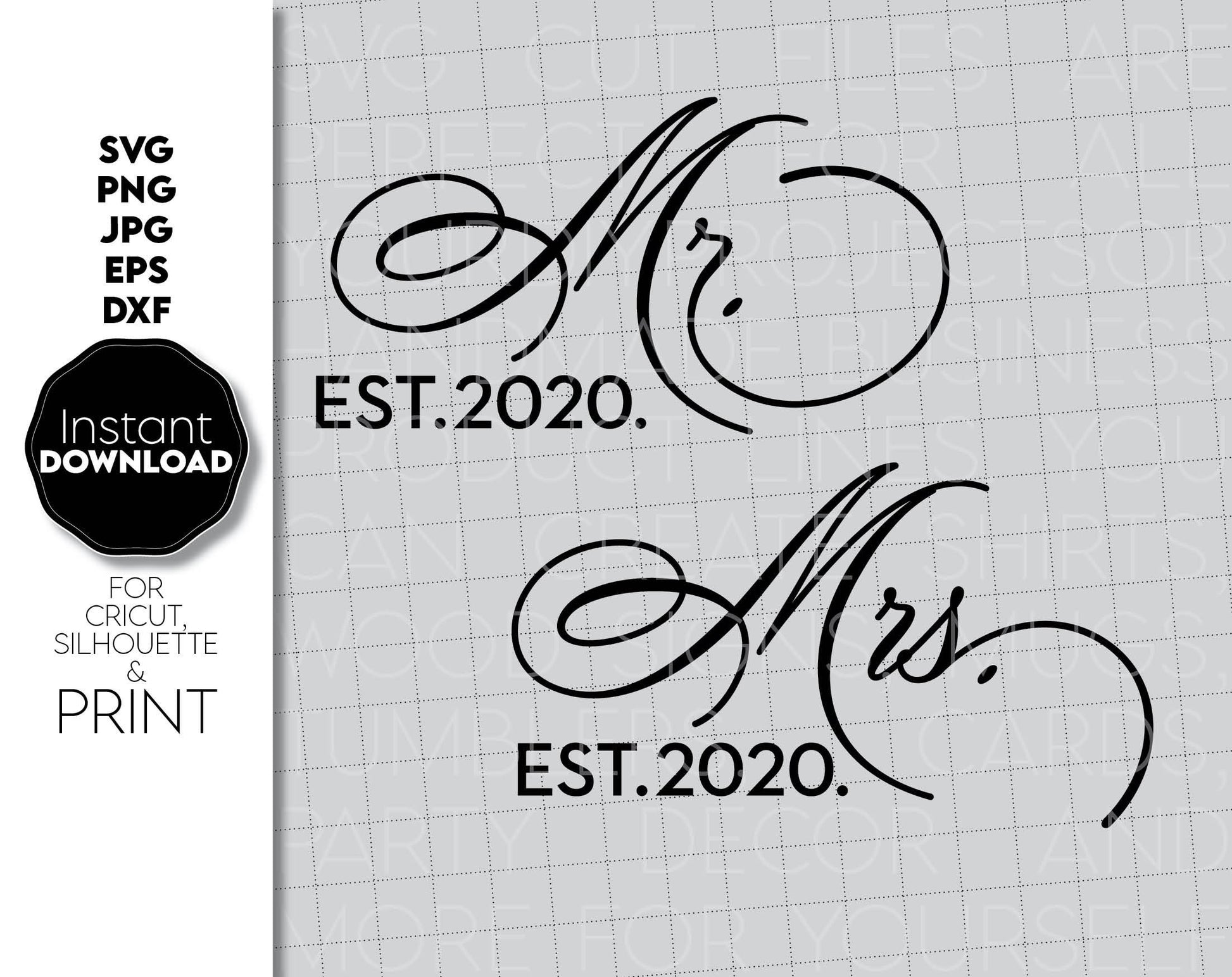 Mr. and Mrs. wedding sign for wedding gift, shirts, post box etc. SVG, PNG, JPG, EPS, DXF files included. Compatible with Cricut, Silhouette and others machines. Use for sublimation or laser cut projects as well. Buy now for a good price. Enjoy!