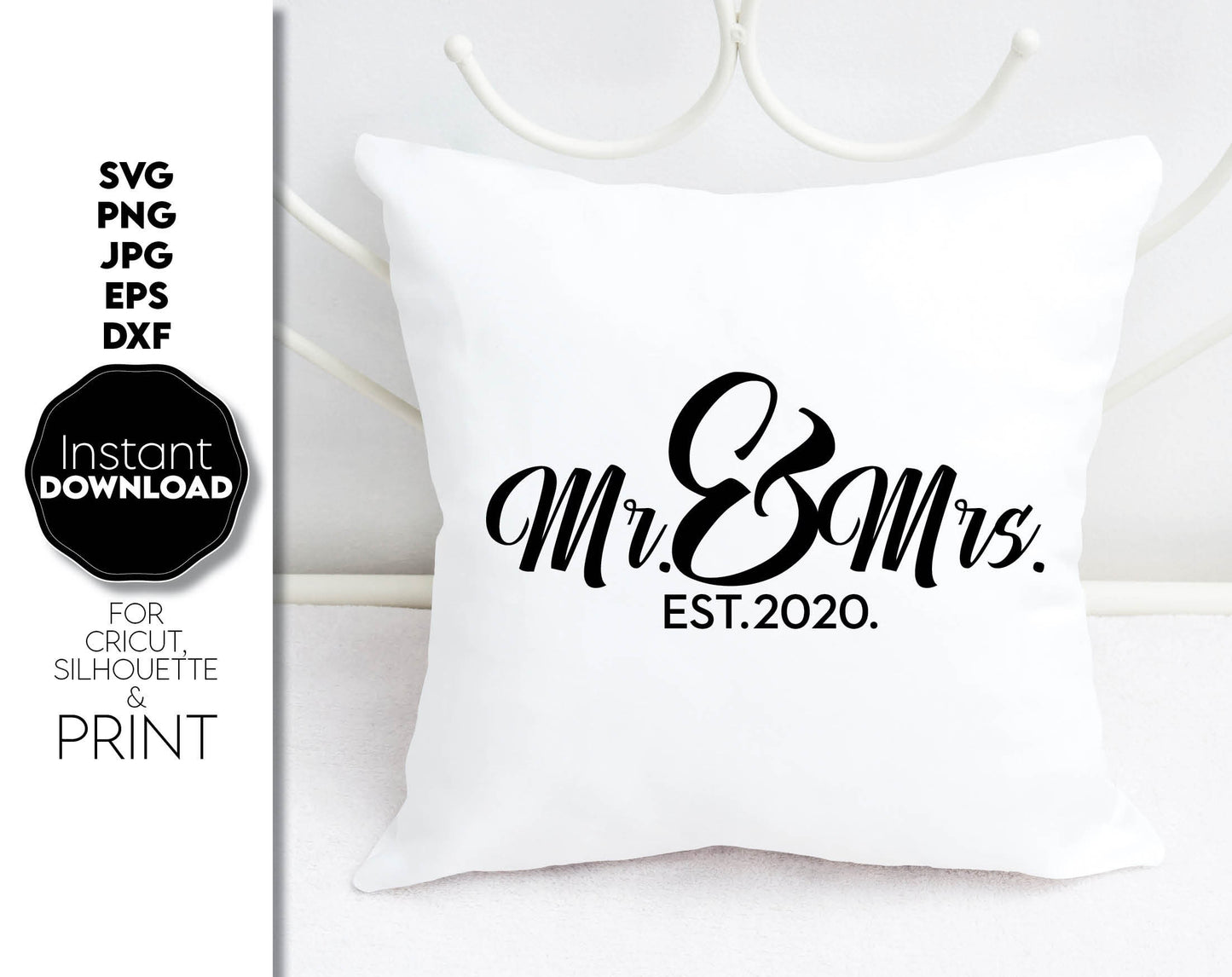 Custom Mr and Mrs wedding, home decor or gift ideas design. SVG PNG JPG EPS DXF files included. Compatible with Cricut, Silhouette or other equipment. Cut from vinyl, use for sublimation or laser cut or grave projects. Buy now for a good price, fun!