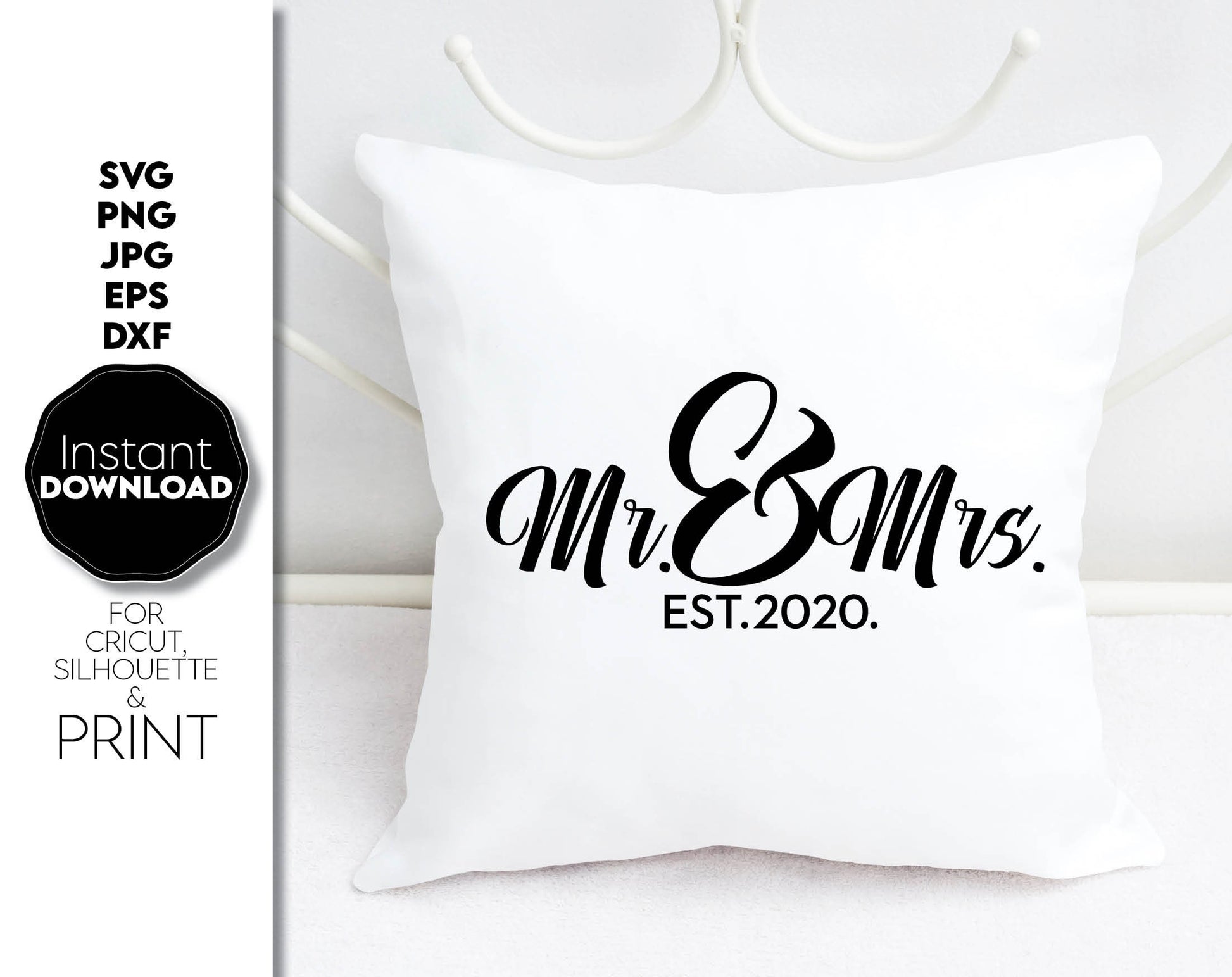 Custom Mr and Mrs wedding, home decor or gift ideas design. SVG PNG JPG EPS DXF files included. Compatible with Cricut, Silhouette or other equipment. Cut from vinyl, use for sublimation or laser cut or grave projects. Buy now for a good price, fun!