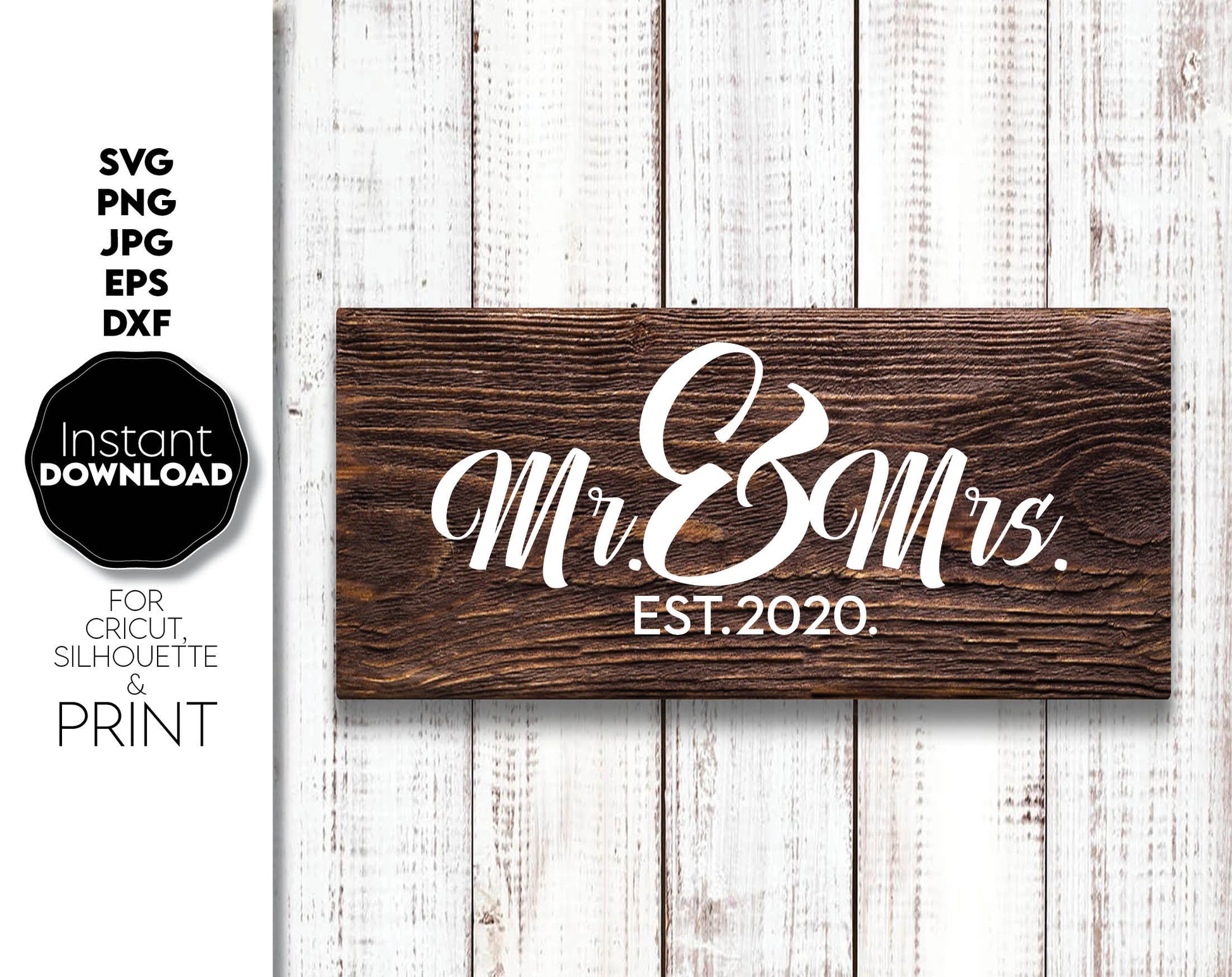 Custom Mr and Mrs wedding, home decor or gift ideas design. SVG PNG JPG EPS DXF files included. Compatible with Cricut, Silhouette or other equipment. Cut from vinyl, use for sublimation or laser cut or grave projects. Buy now for a good price, fun!