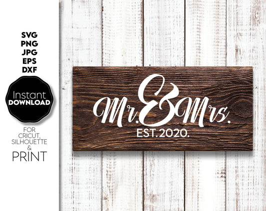 Custom Mr and Mrs wedding, home decor or gift ideas design. SVG PNG JPG EPS DXF files included. Compatible with Cricut, Silhouette or other equipment. Cut from vinyl, use for sublimation or laser cut or grave projects. Buy now for a good price, fun!